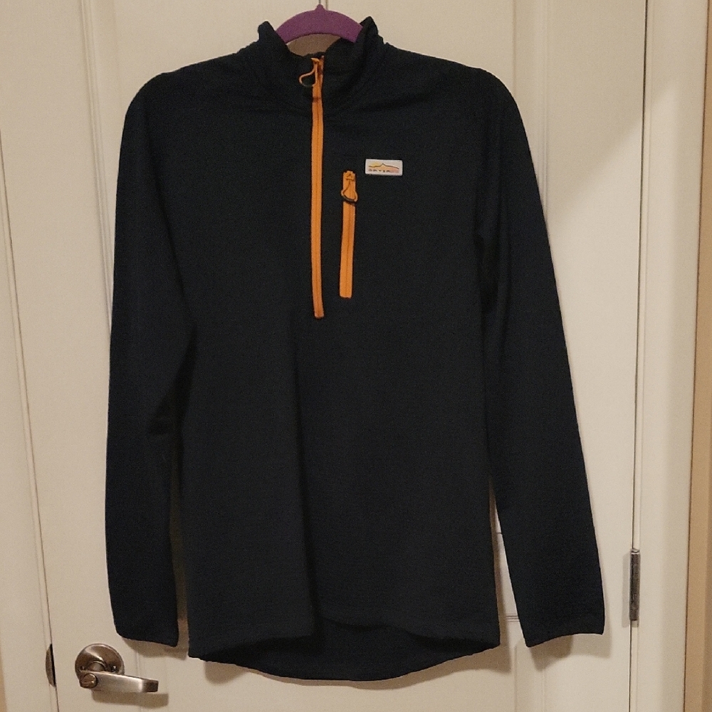 Orvis Dark Blue Jacket with Bright Orange Zipper
